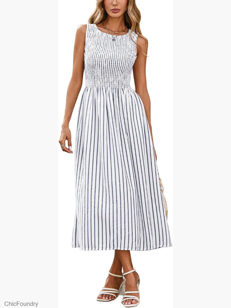 Striped Smocked Sleeveless Swing A-Line Midi Dress With Pockets
